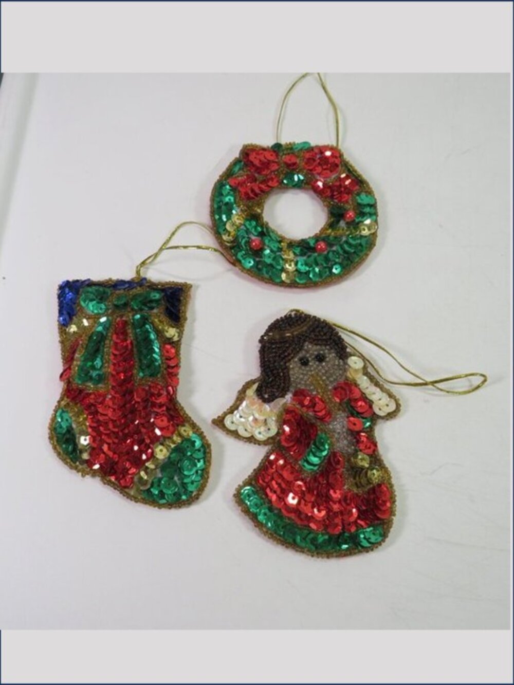 VTG Sequin Beaded Christmas Ornaments Set of 3 Satin Backed Angel Wreath Stockin